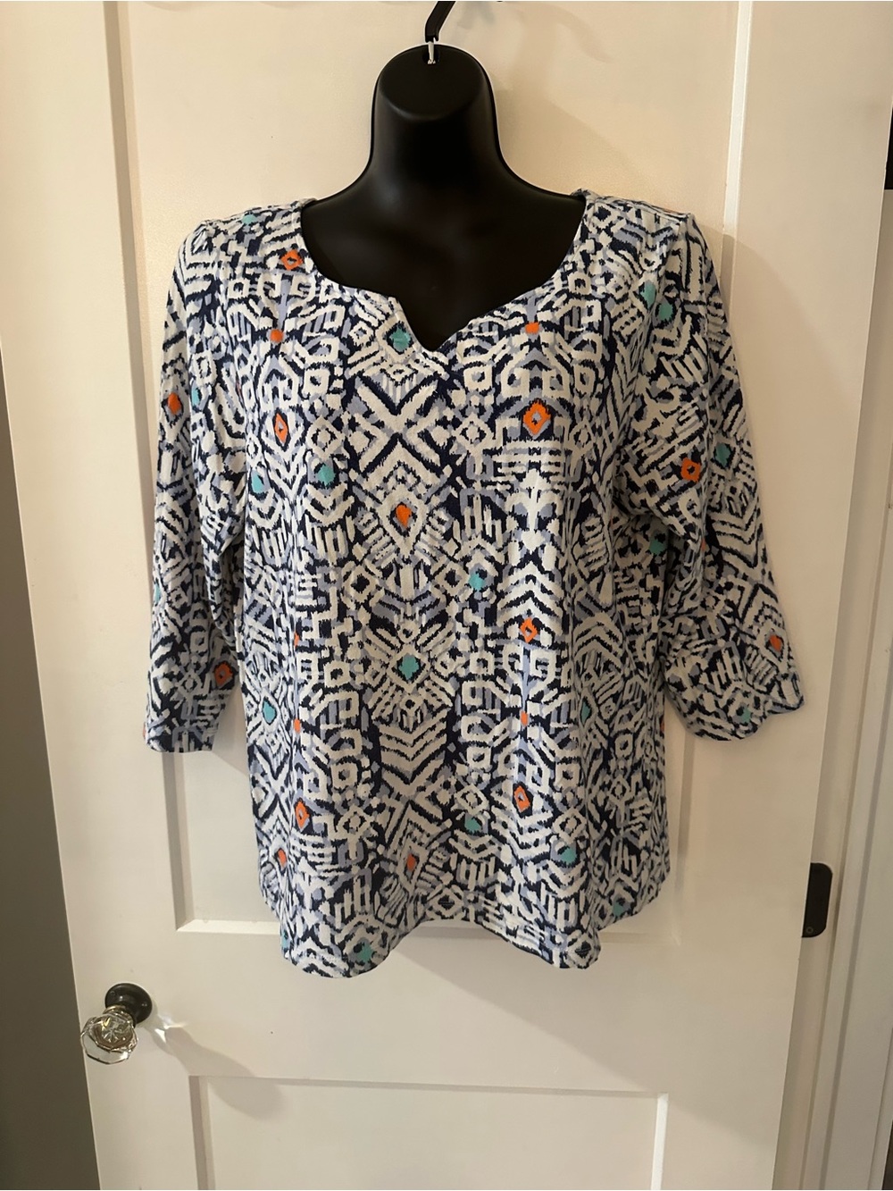 Ruby Rd. Navy Geo-Print V-Neck Top with Aqua and Orange Dots